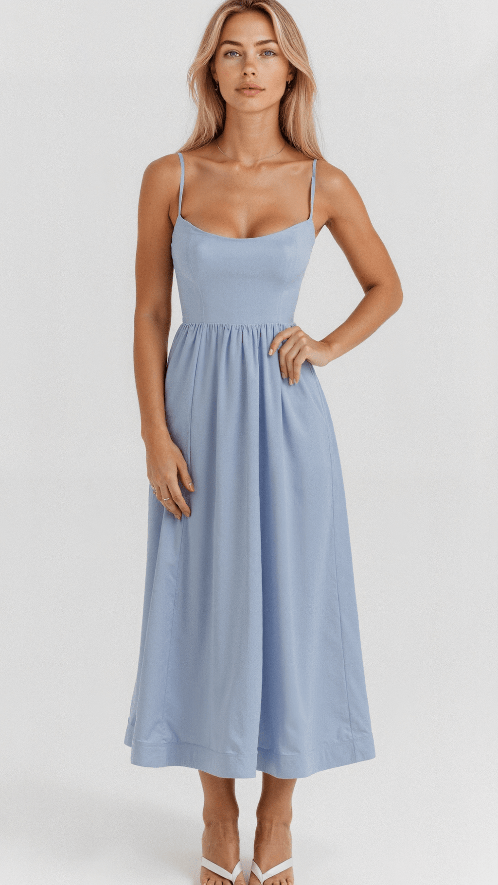 Women's Elegant A-Line Summer Midi Dress with Side Pockets