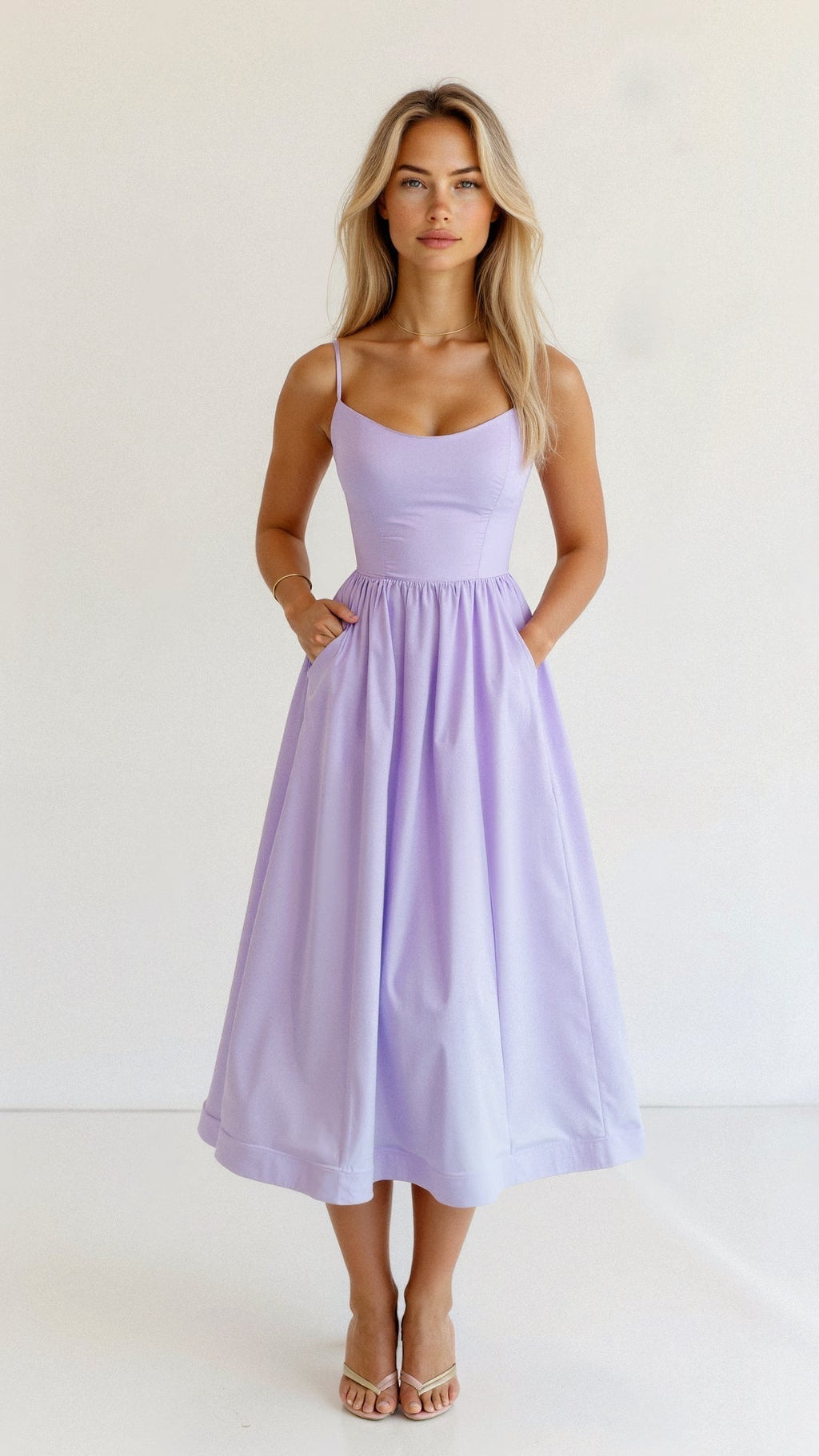Women's Elegant A-Line Summer Midi Dress with Side Pockets