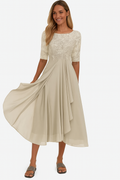 Women's Half-Sleeve Lace Midi Dress with A-Line Skirt