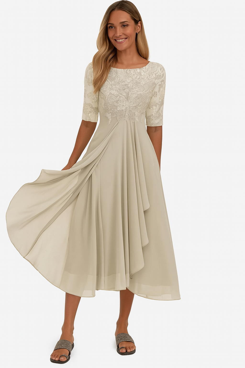 Women's Half-Sleeve Lace Midi Dress with A-Line Skirt