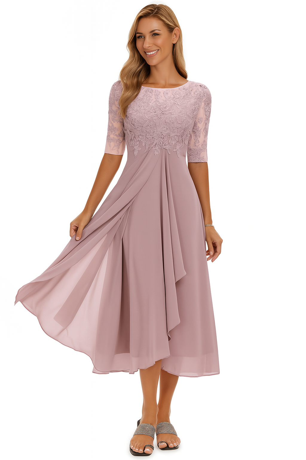 Women's Half-Sleeve Lace Midi Dress with A-Line Skirt