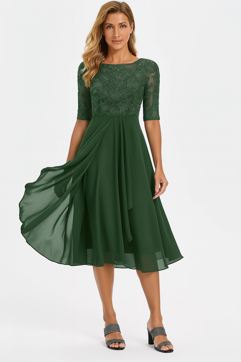 Women's Half-Sleeve Lace Midi Dress with A-Line Skirt