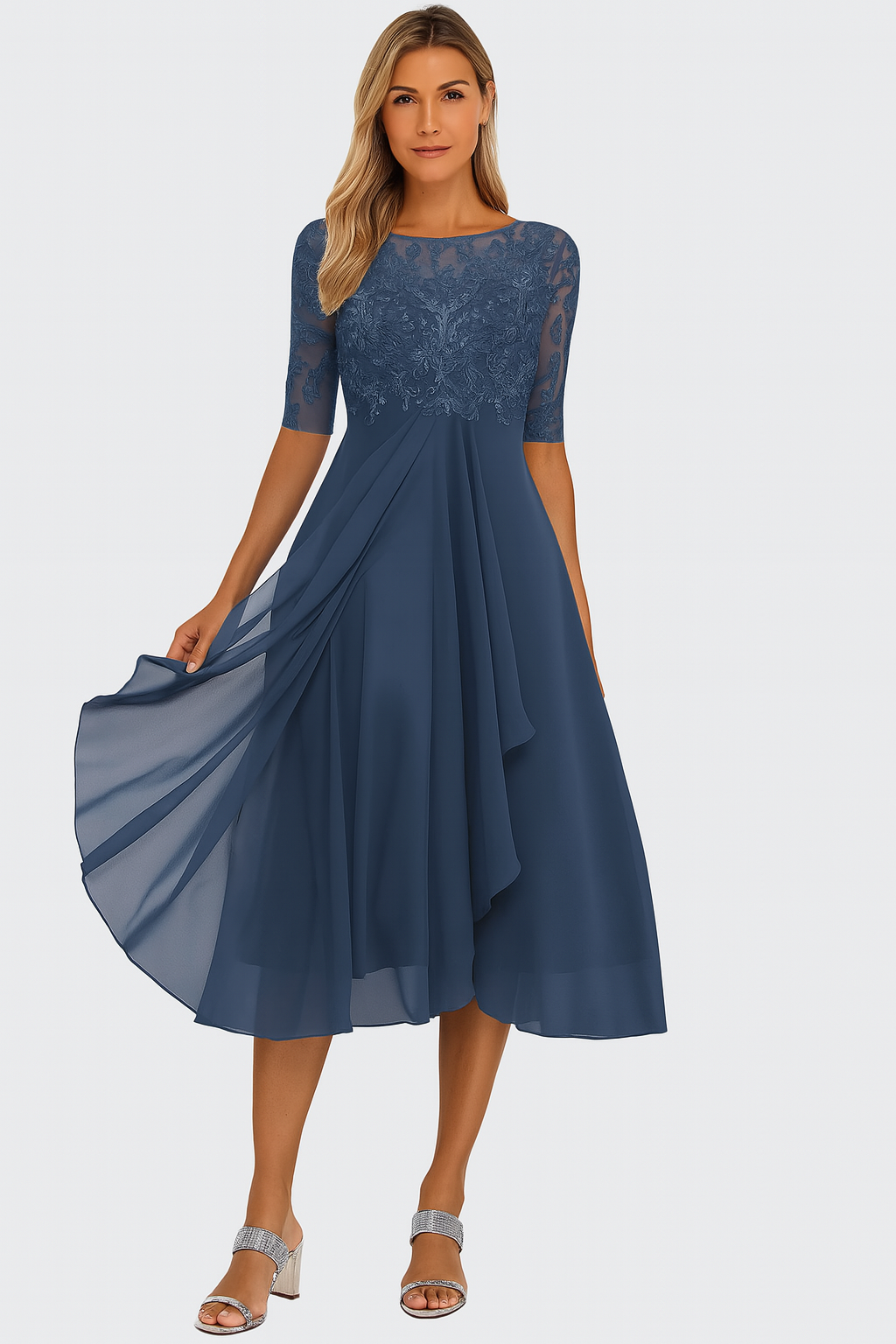 Women's Half-Sleeve Lace Midi Dress with A-Line Skirt