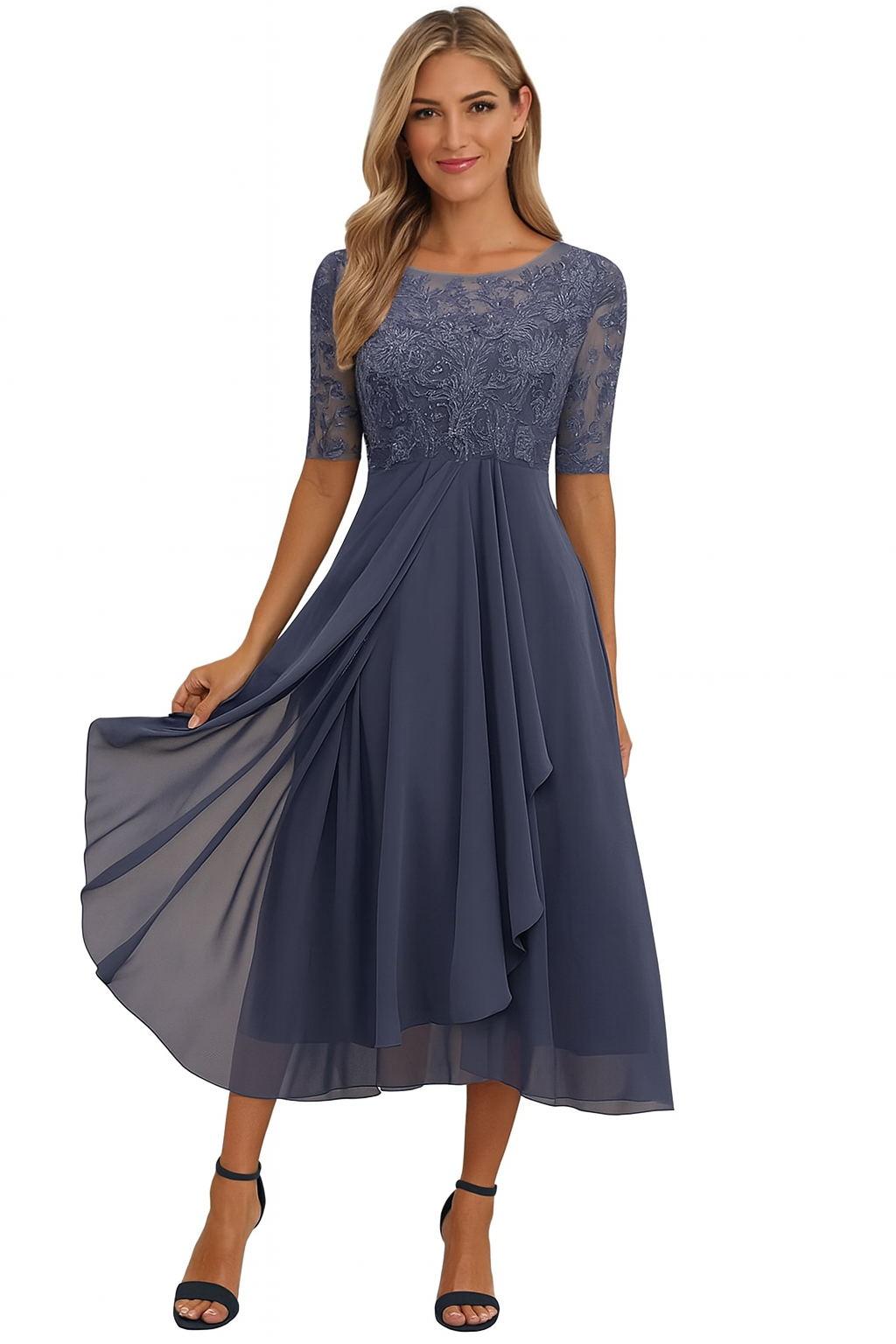 Women's Half-Sleeve Lace Midi Dress with A-Line Skirt