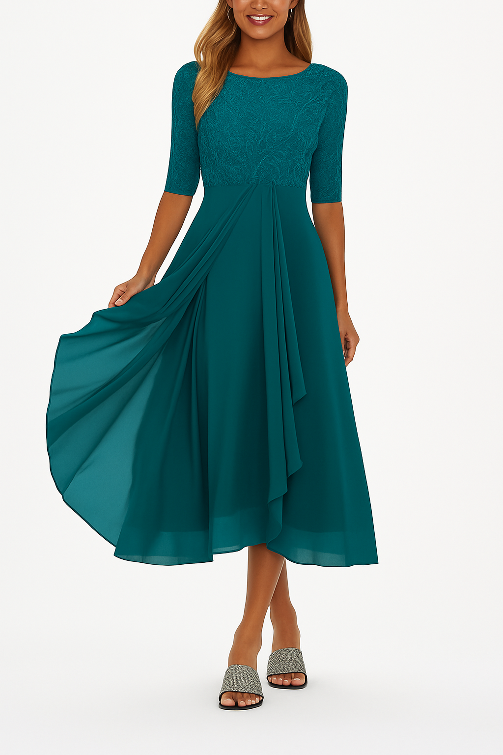 Women's Half-Sleeve Lace Midi Dress with A-Line Skirt