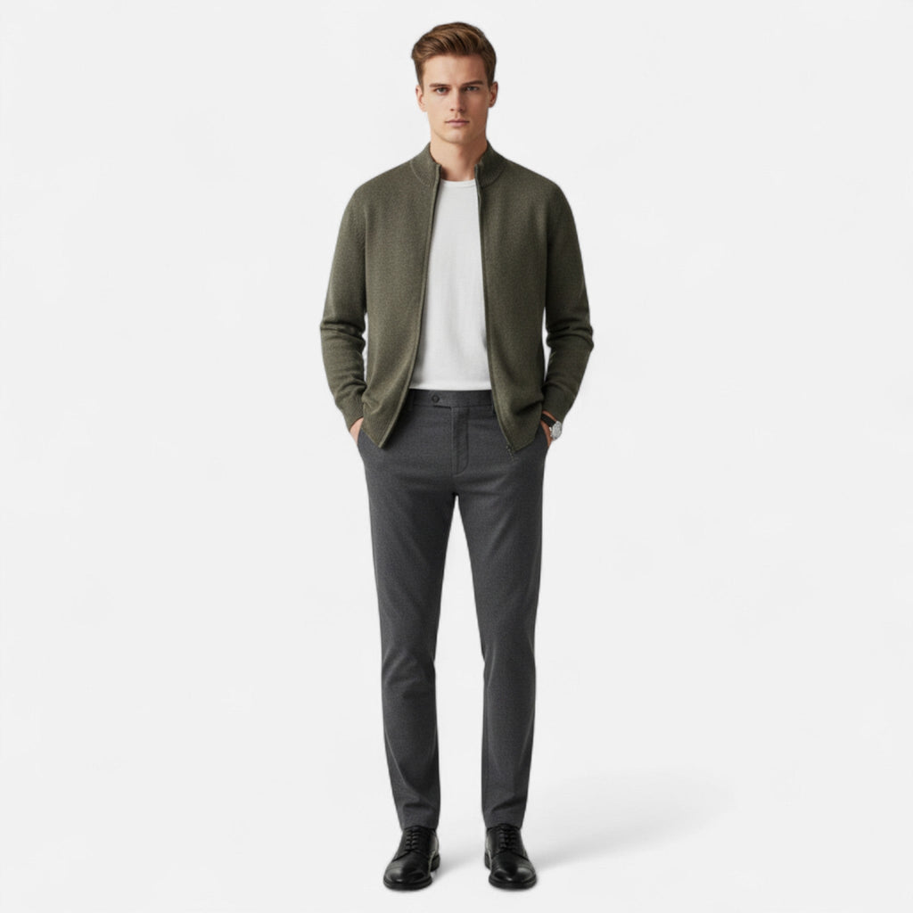 Men's Zip-Front Merino Wool Cardigan with Stand Neck