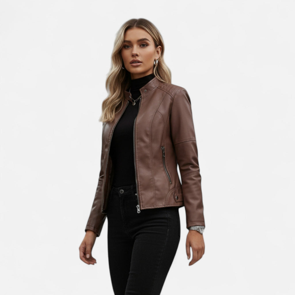 Women's Waist-Length Leather Moto Jacket with Zipper