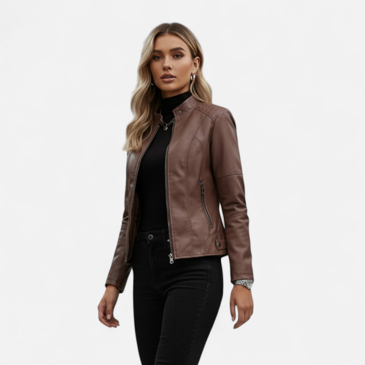 Women's Waist-Length Leather Moto Jacket with Zipper