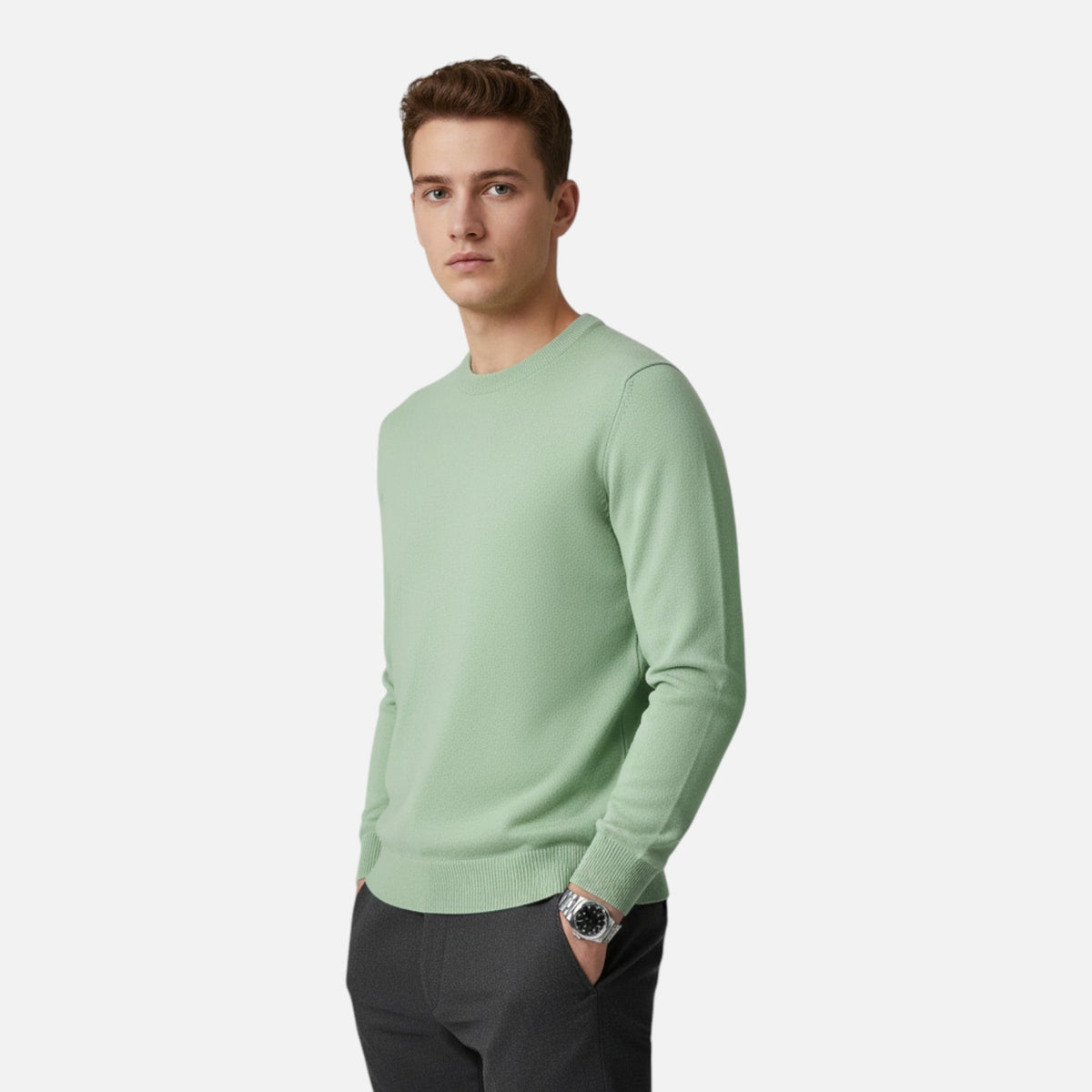 Men's Stretch Ribbed Trim Round Neck Fitted Sweater