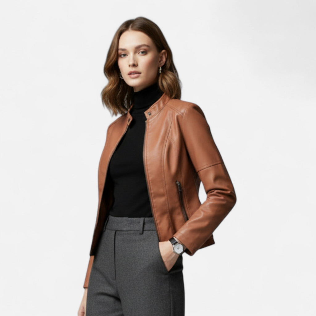 Women's Waist-Length Leather Moto Jacket with Zipper