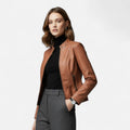 Women's Waist-Length Leather Moto Jacket with Zipper