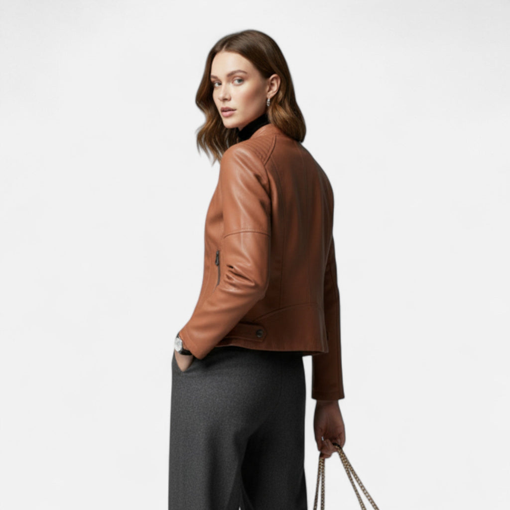 Women's Waist-Length Leather Moto Jacket with Zipper