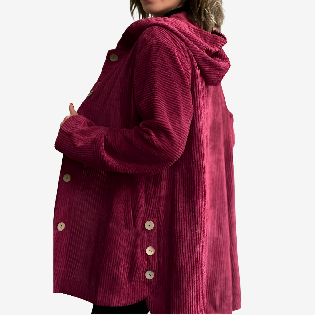 Women's Long Ribbed Cardigan with Attached Hood and Buttons