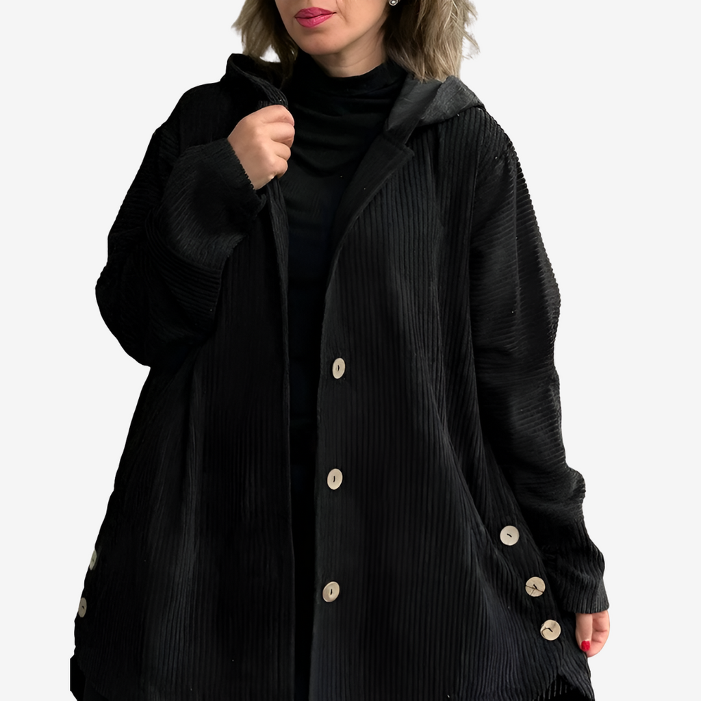 Women's Long Ribbed Cardigan with Attached Hood and Buttons