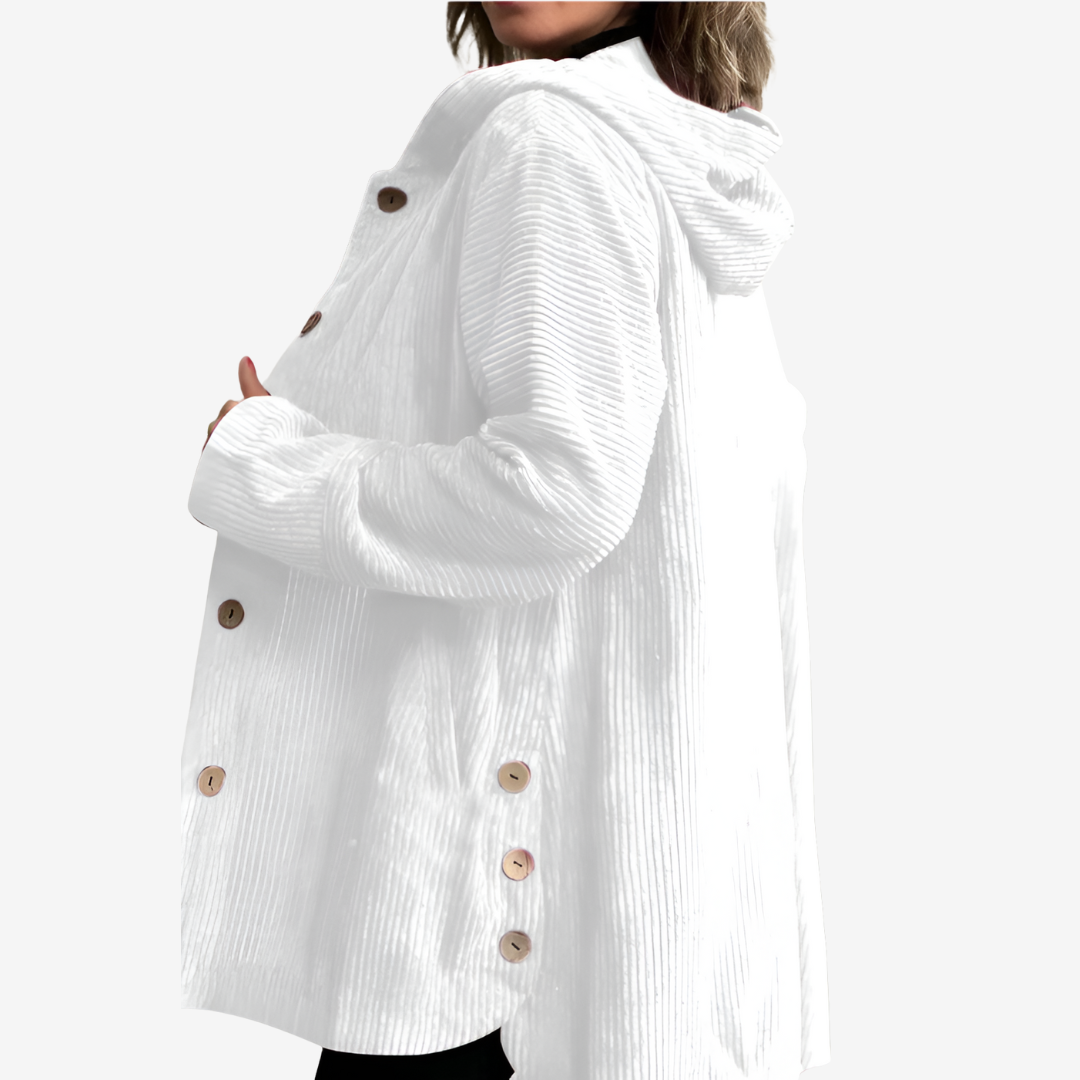 Women's Long Ribbed Cardigan with Attached Hood and Buttons