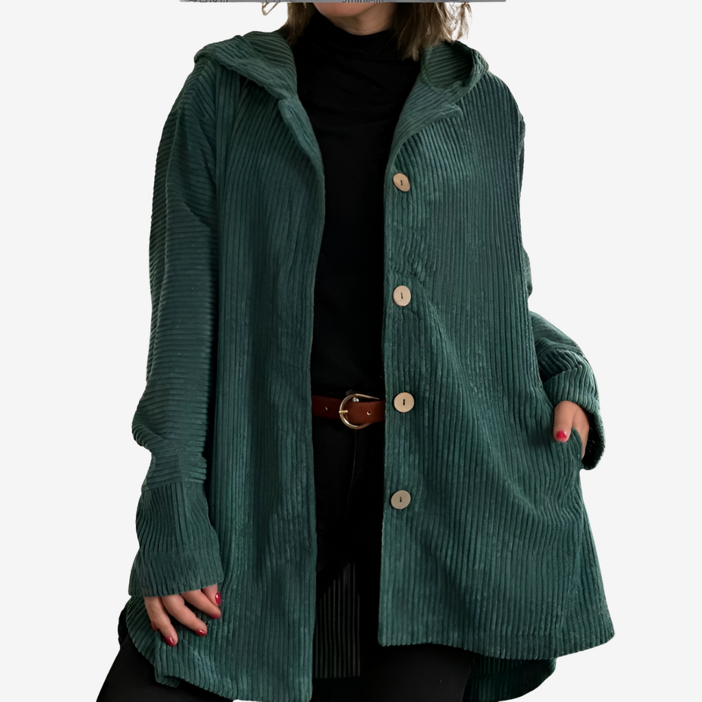 Women's Long Ribbed Cardigan with Attached Hood and Buttons
