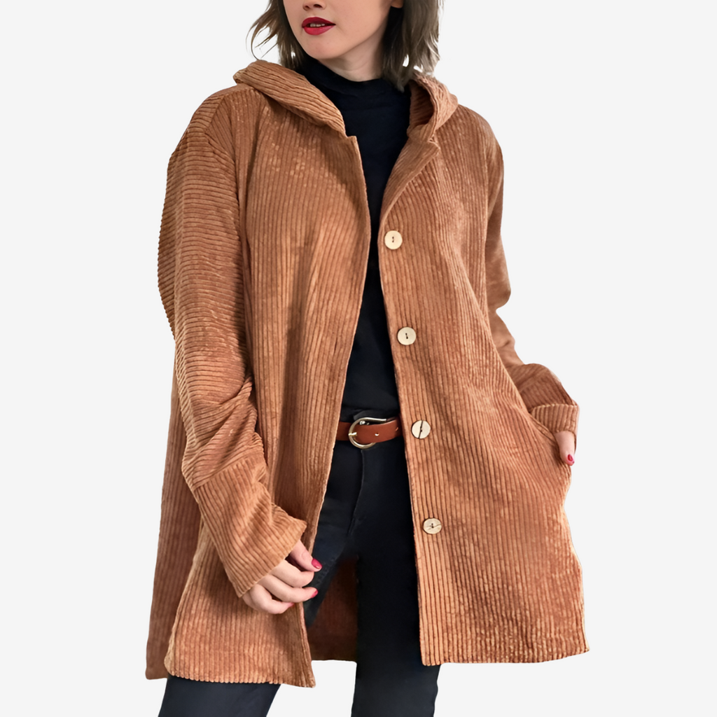 Women's Long Ribbed Cardigan with Attached Hood and Buttons