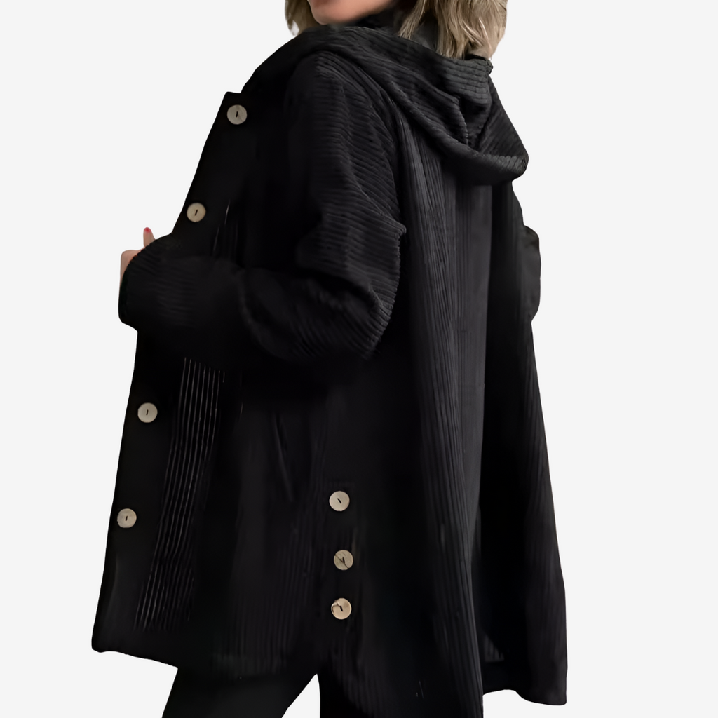Women's Long Ribbed Cardigan with Attached Hood and Buttons