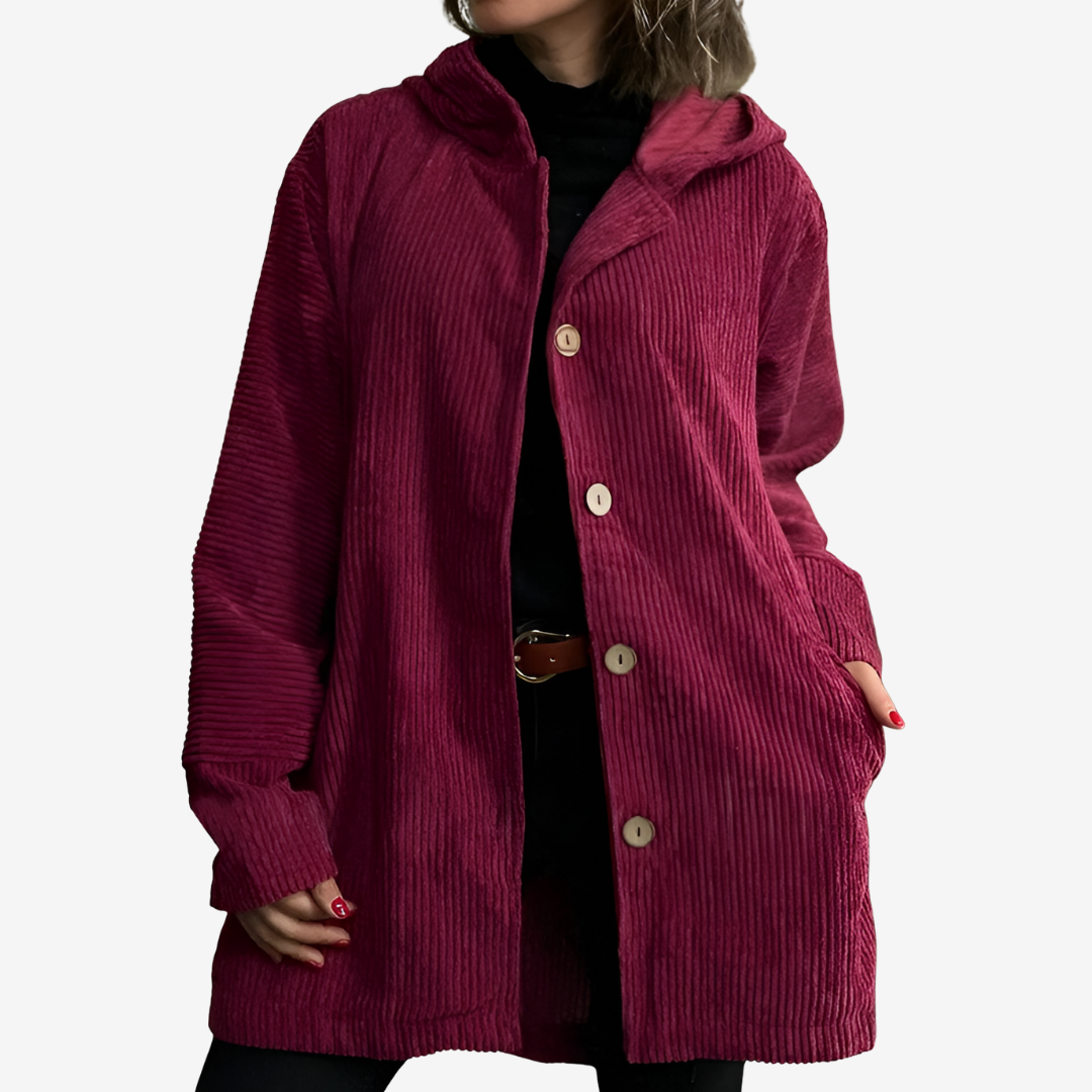 Women's Long Ribbed Cardigan with Attached Hood and Buttons