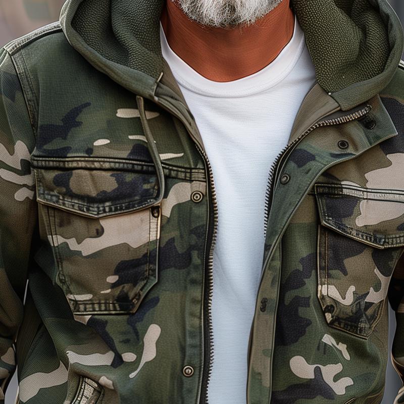 Men's Loose-Fit Utility Jacket with Removable Hood and Flap Pockets