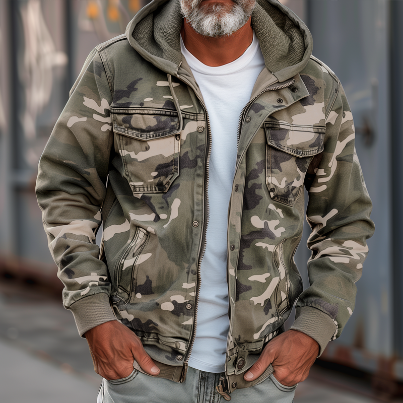 Men's Loose-Fit Utility Jacket with Removable Hood and Flap Pockets