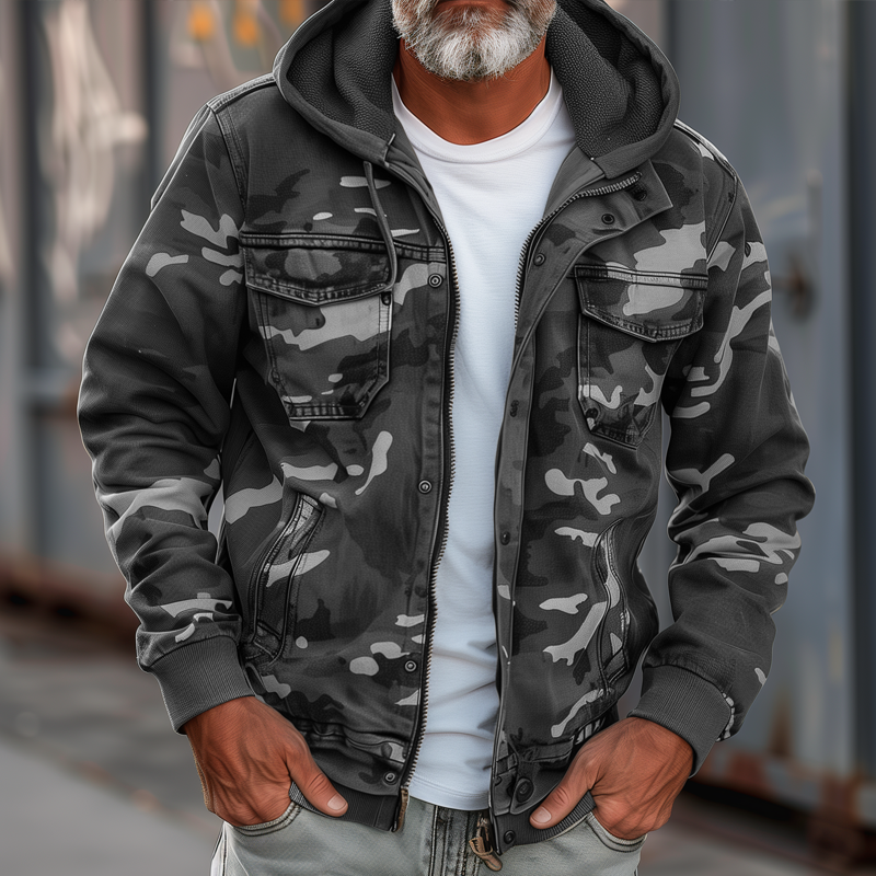 Men's Loose-Fit Utility Jacket with Removable Hood and Flap Pockets