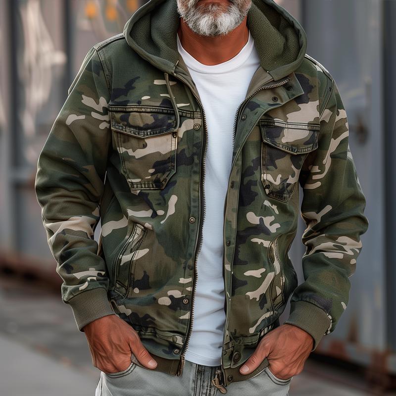Men's Loose-Fit Utility Jacket with Removable Hood and Flap Pockets