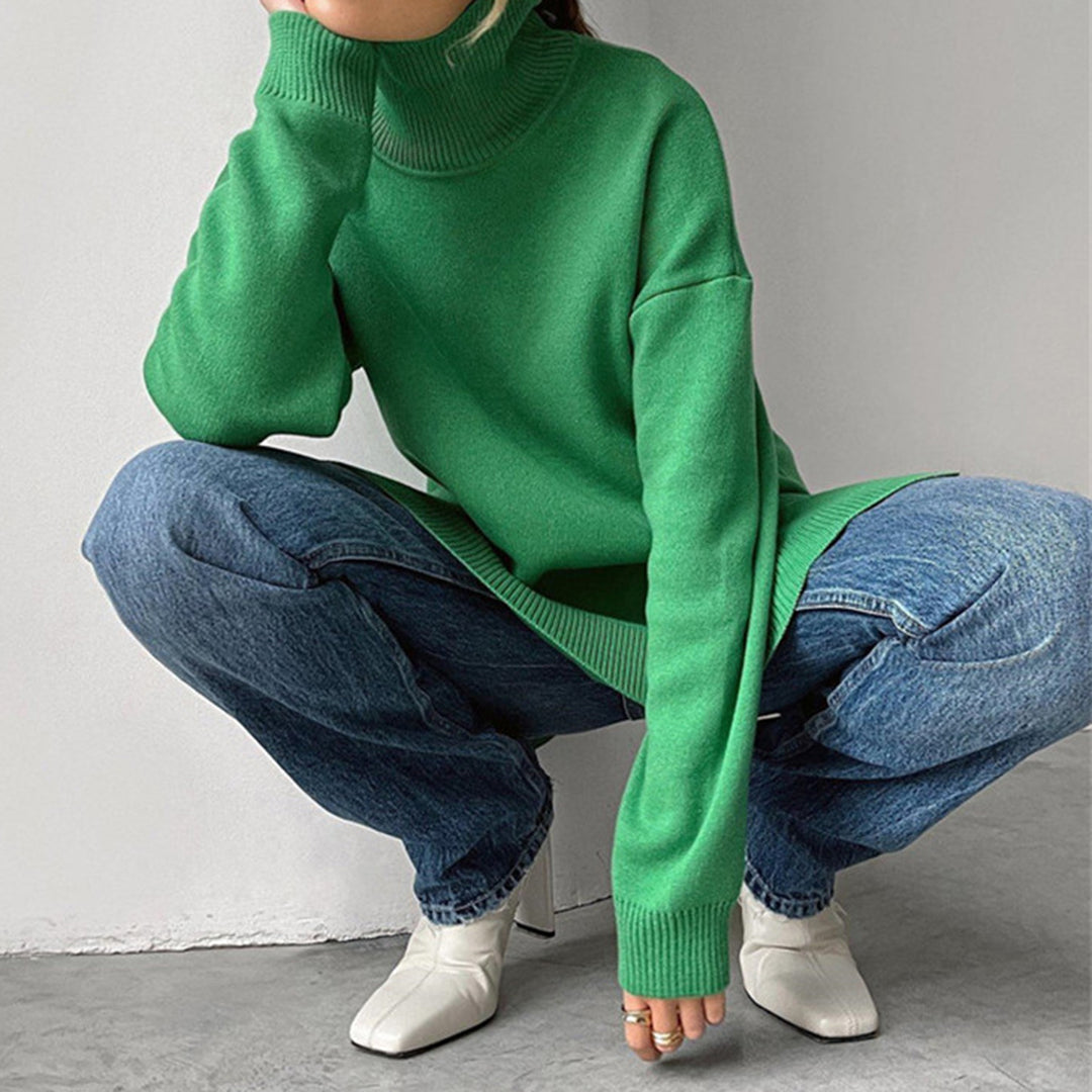 Women's Draped Relaxed Turtleneck Sweater with Split Hem
