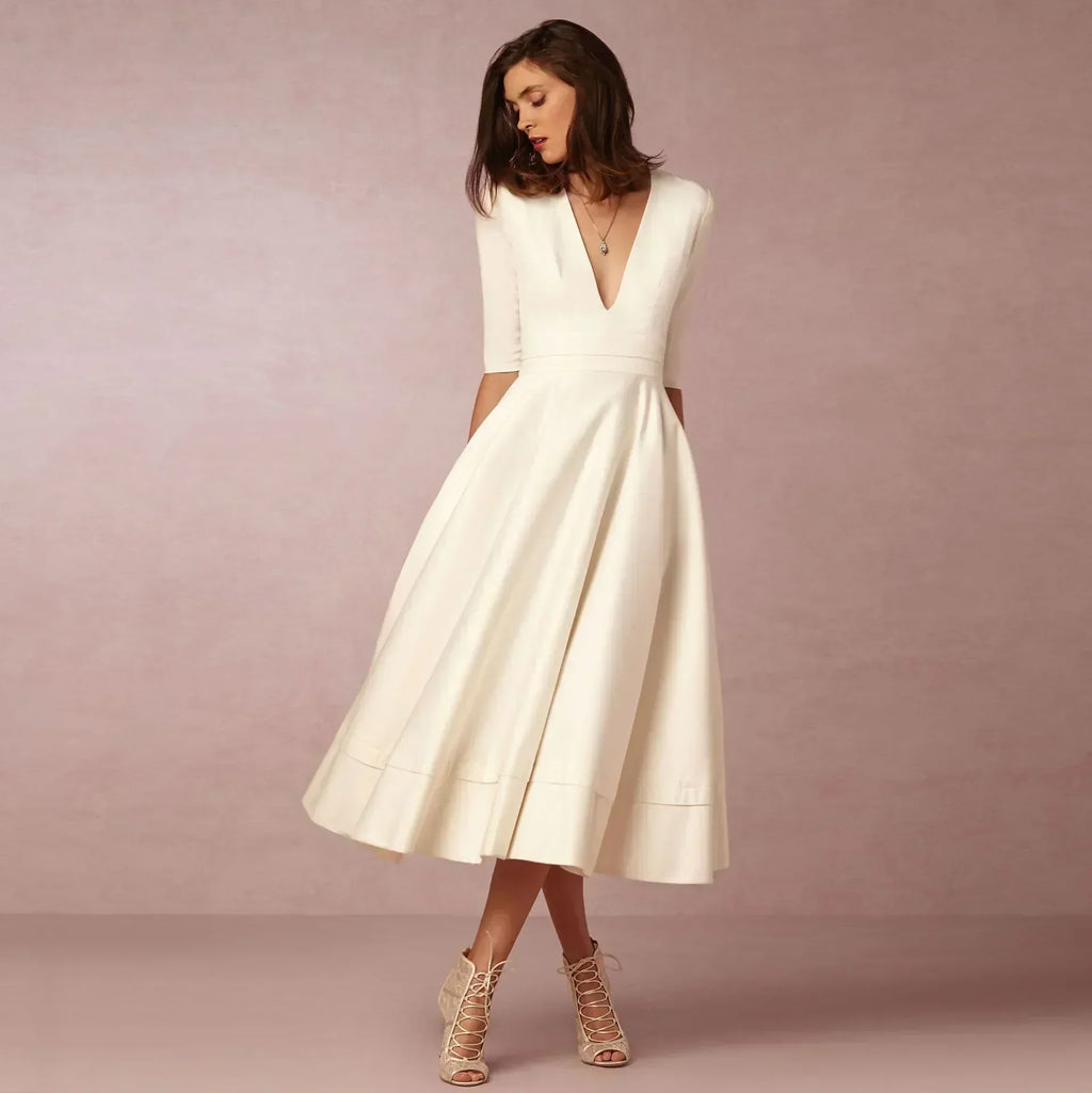 Women's Flared V-Neckline Elegant Event Midi Dress