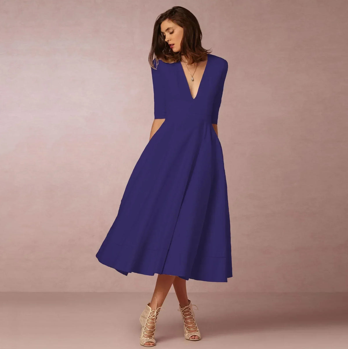 Women's Flared V-Neckline Elegant Event Midi Dress