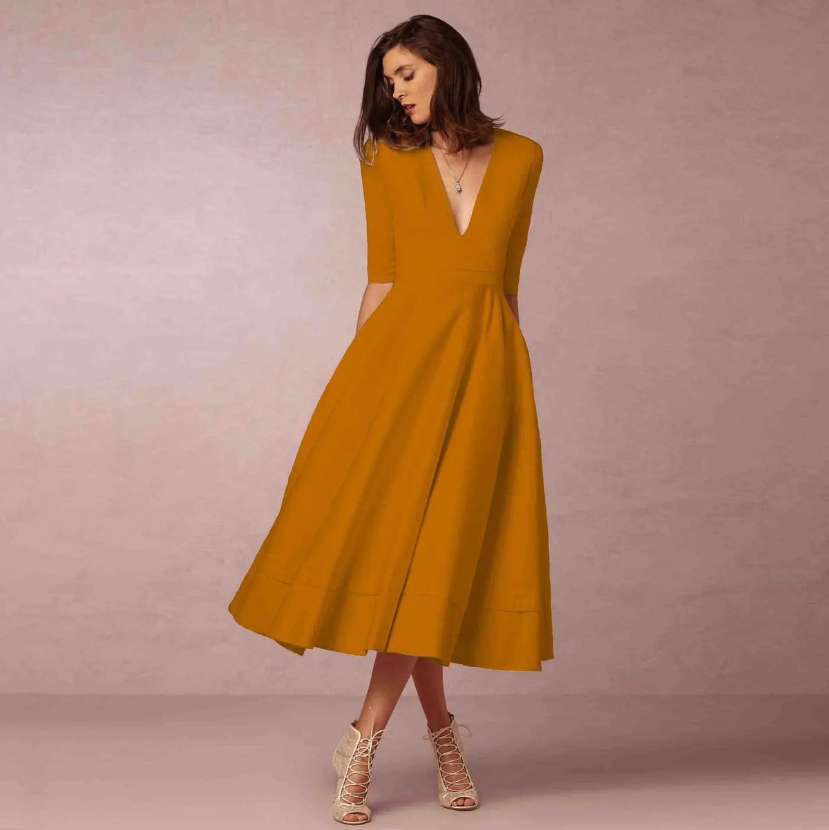 Women's Flared V-Neckline Elegant Event Midi Dress