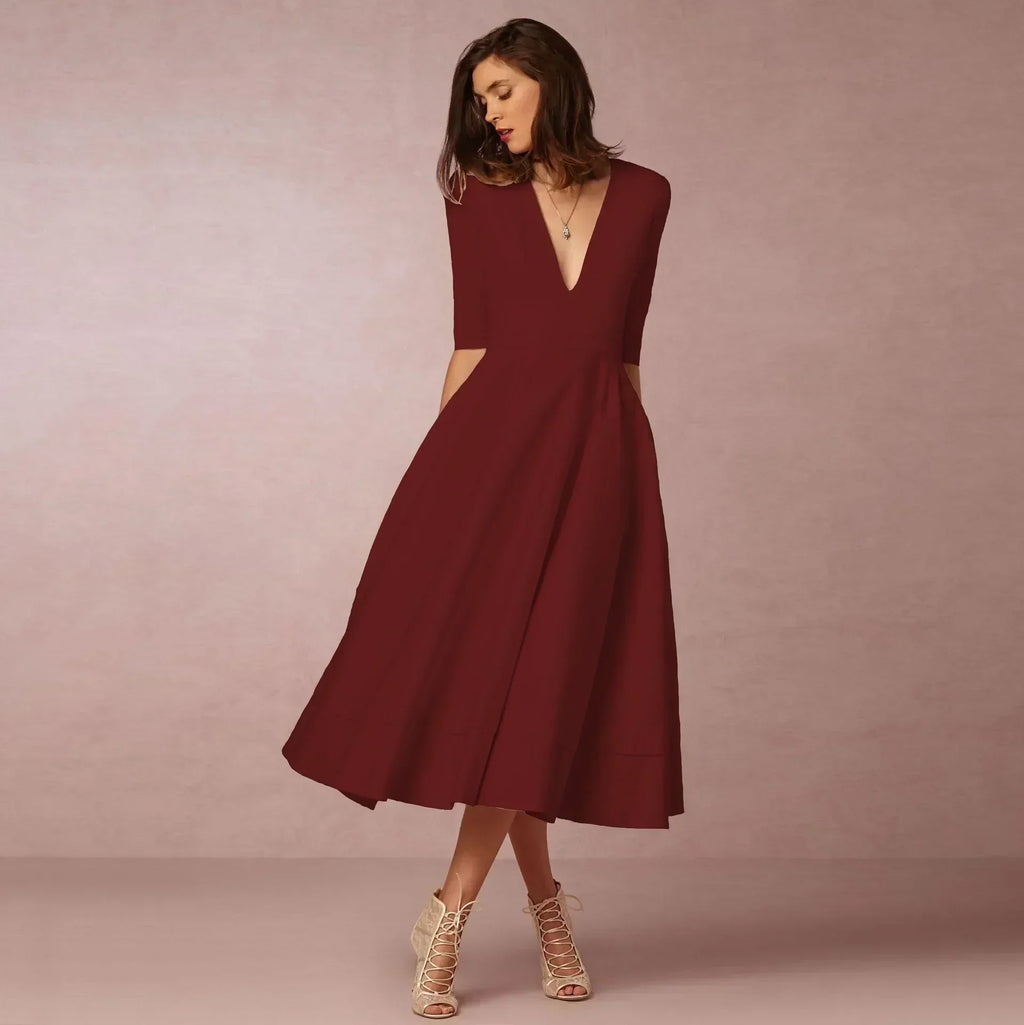 Women's Flared V-Neckline Elegant Event Midi Dress