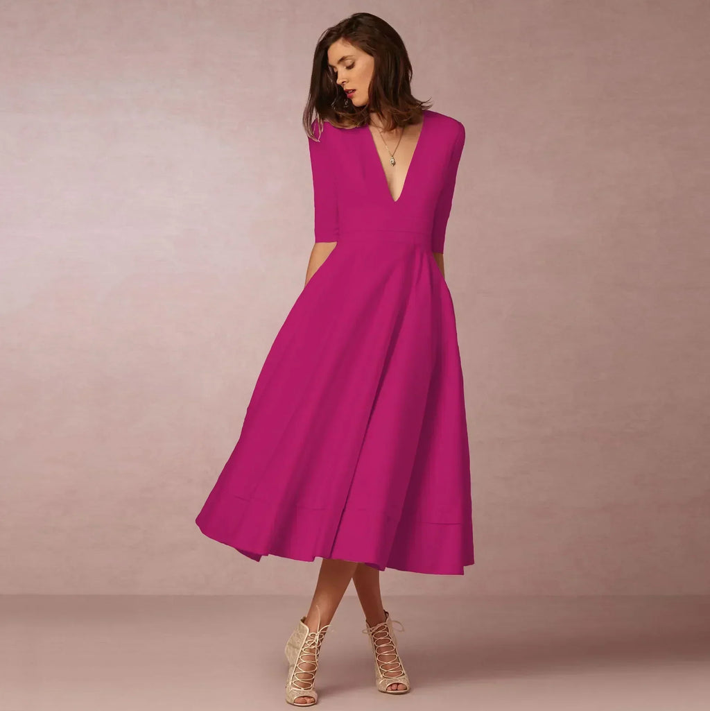 Women's Flared V-Neckline Elegant Event Midi Dress