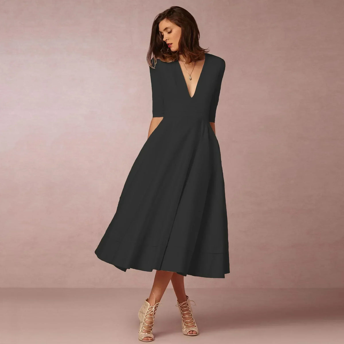 Women's Flared V-Neckline Elegant Event Midi Dress