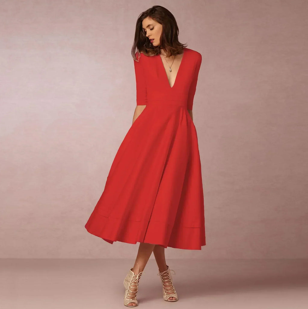 Women's Flared V-Neckline Elegant Event Midi Dress