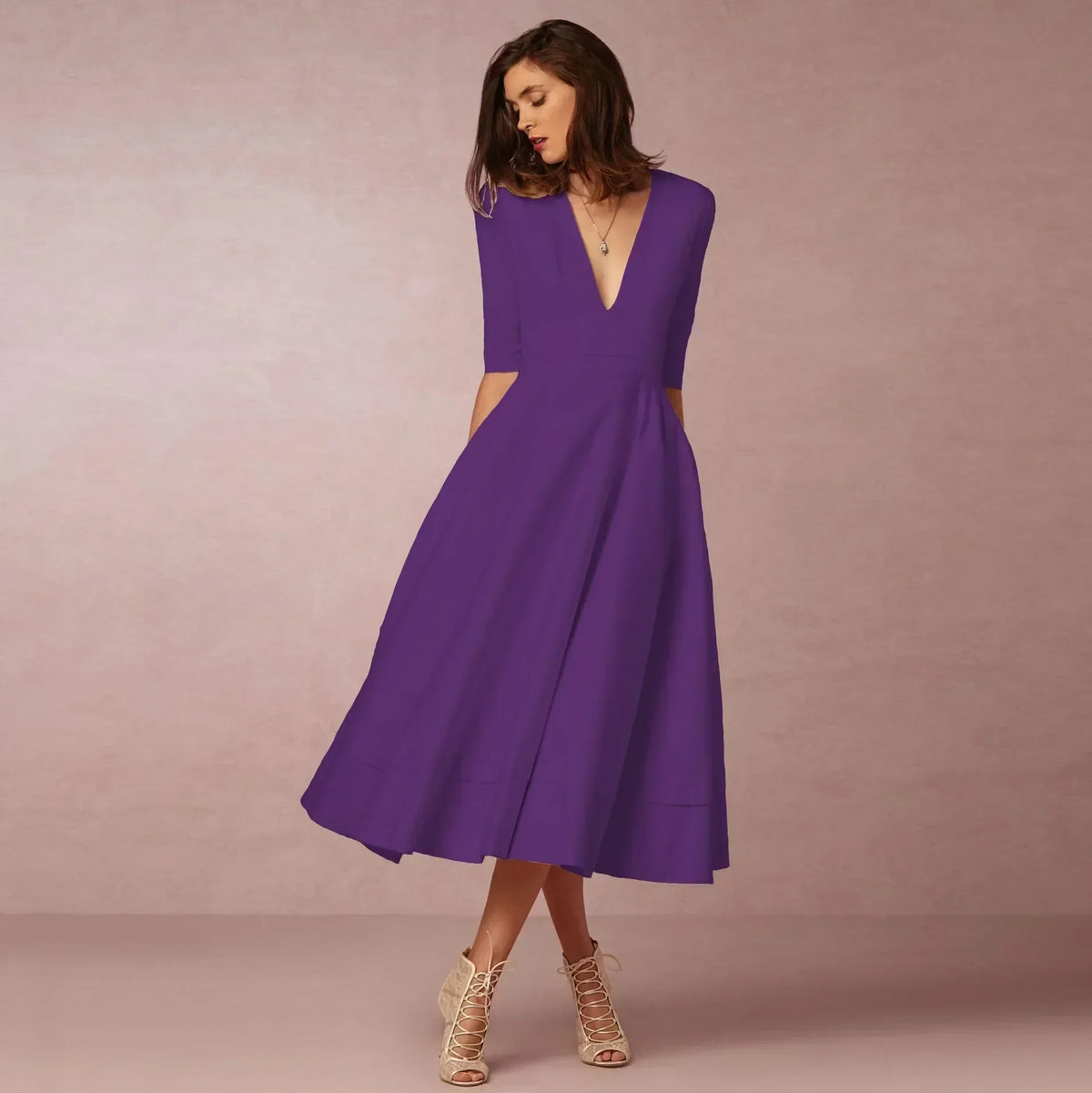 Women's Flared V-Neckline Elegant Event Midi Dress