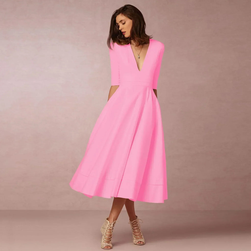 Women's Flared V-Neckline Elegant Event Midi Dress