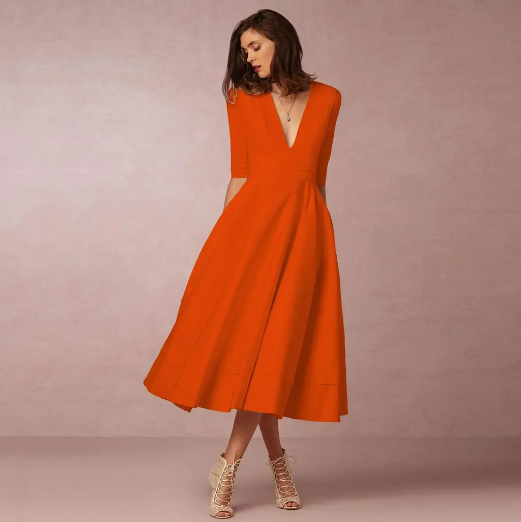 Women's Flared V-Neckline Elegant Event Midi Dress