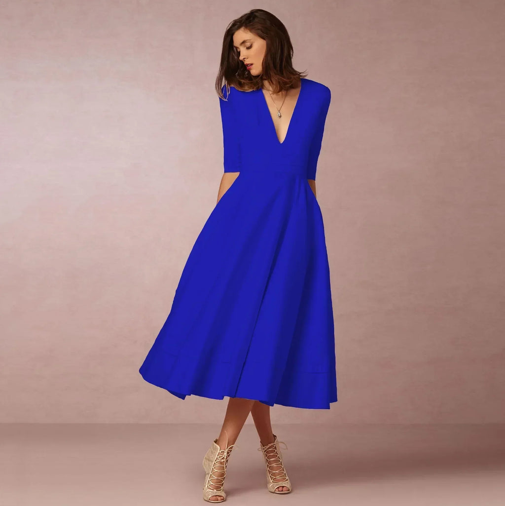 Women's Flared V-Neckline Elegant Event Midi Dress