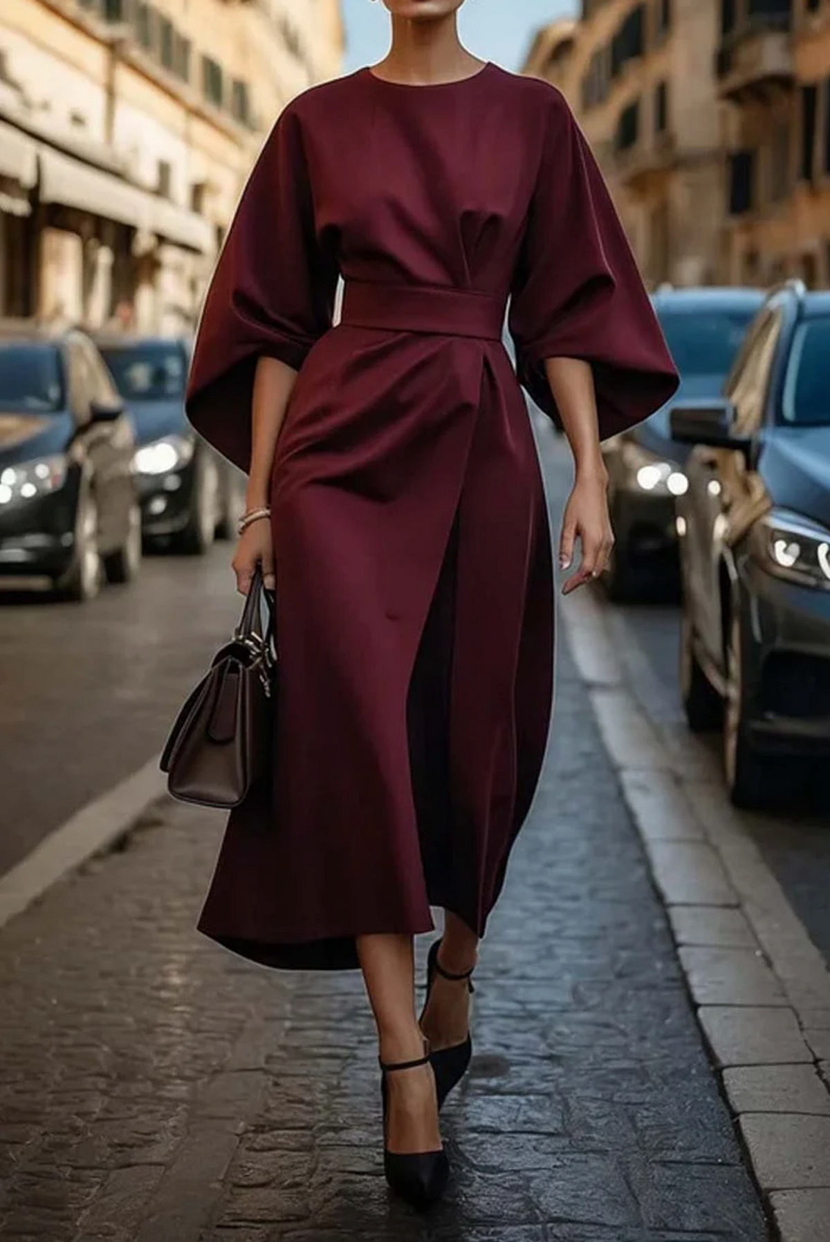 Women's Structured Lantern Sleeve Work Midi Dress