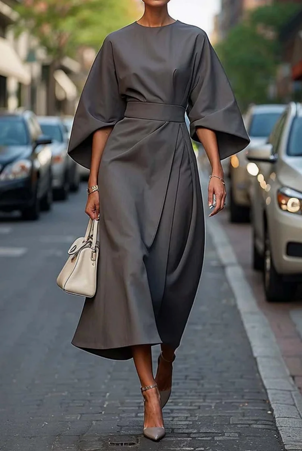 Women's Structured Lantern Sleeve Work Midi Dress