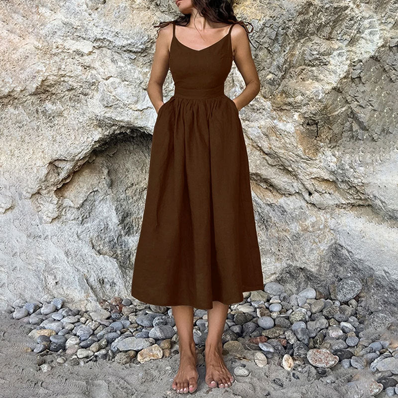 Women's Casual Summer Midi Dress with V Neck and Slit