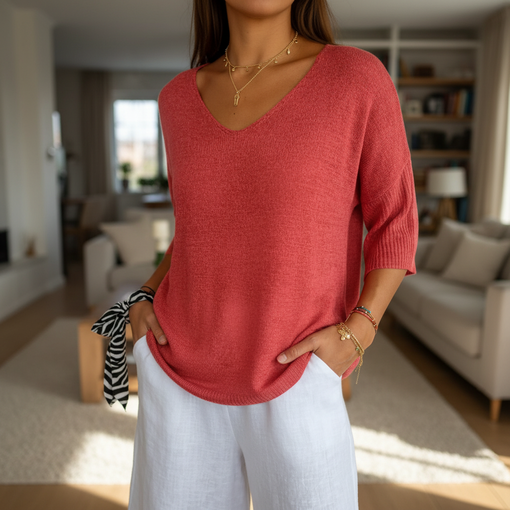 Women's Light Fluid Knit V Neckline Sweater Top