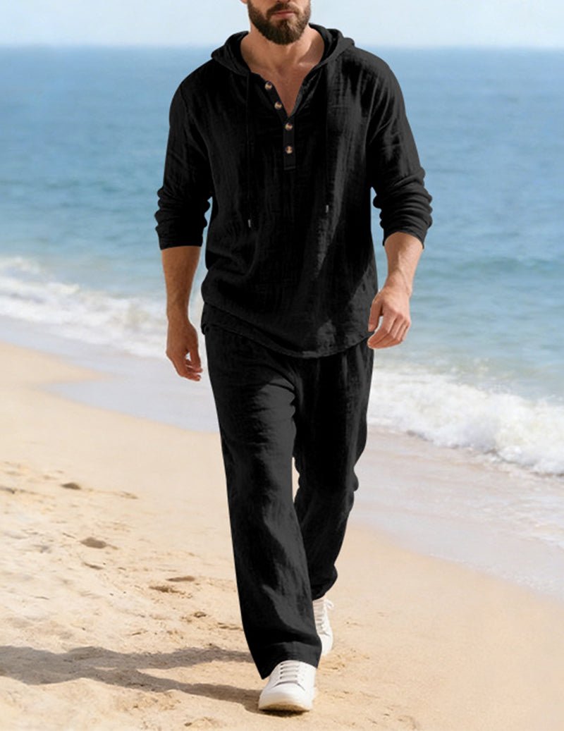 Men's Casual Travel Henley Hoodie Two Piece Lounge Set