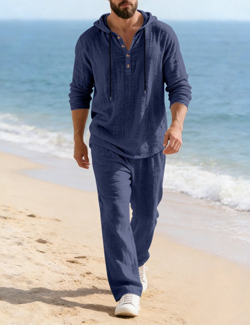 Men's Casual Travel Henley Hoodie Two Piece Lounge Set