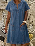 Women's Everyday Notch V-Neck Denim Shift Midi Dress