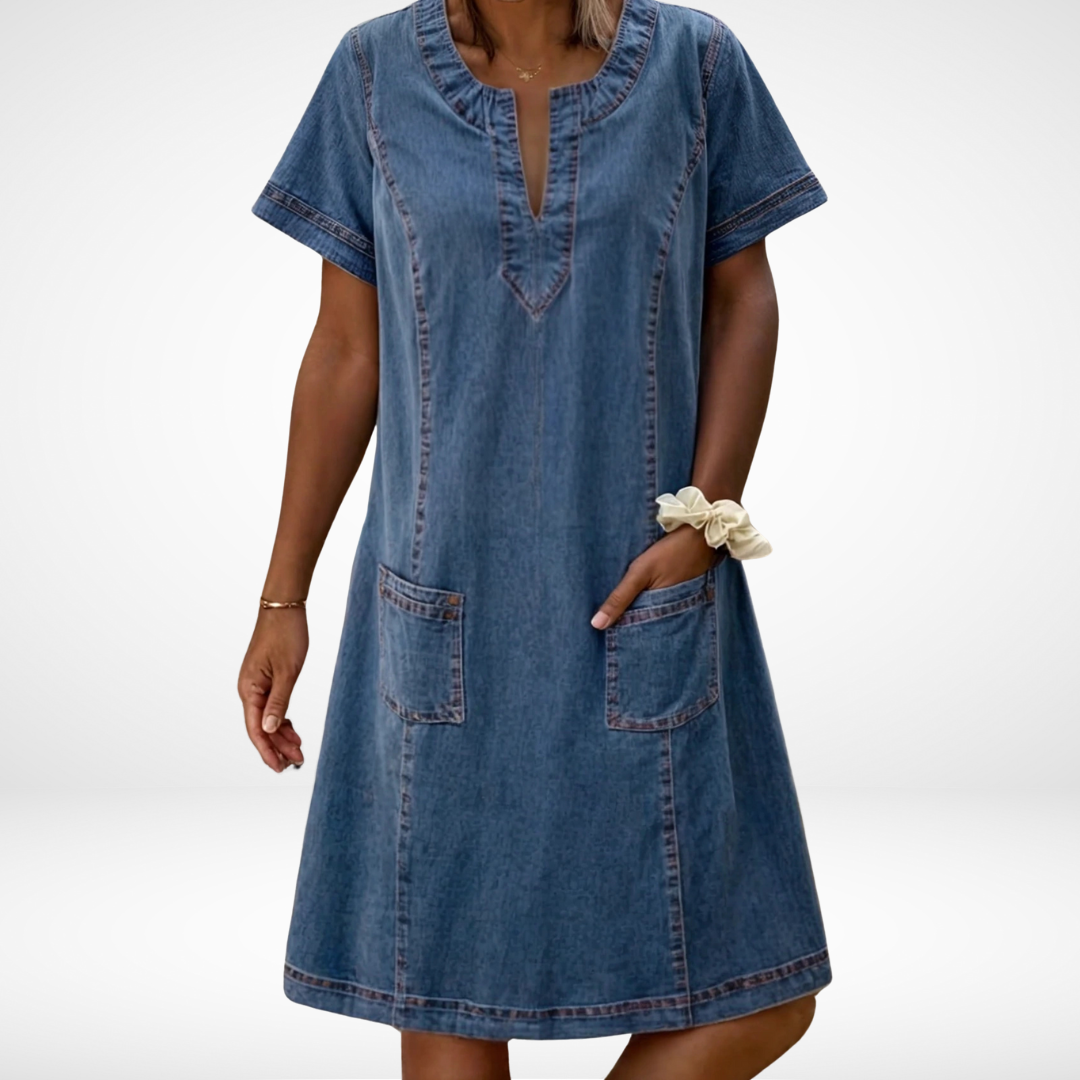 Women's Everyday Notch V-Neck Denim Shift Midi Dress
