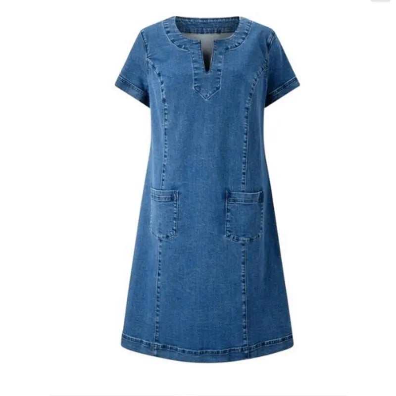 Women's Everyday Notch V-Neck Denim Shift Midi Dress