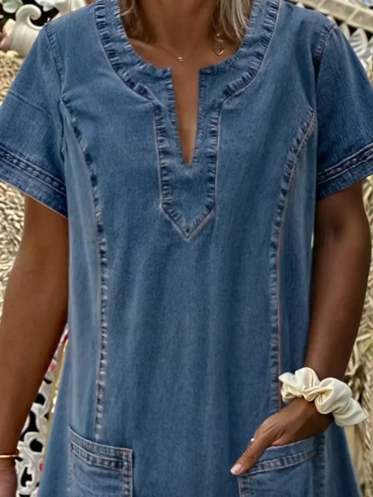 Women's Everyday Notch V-Neck Denim Shift Midi Dress
