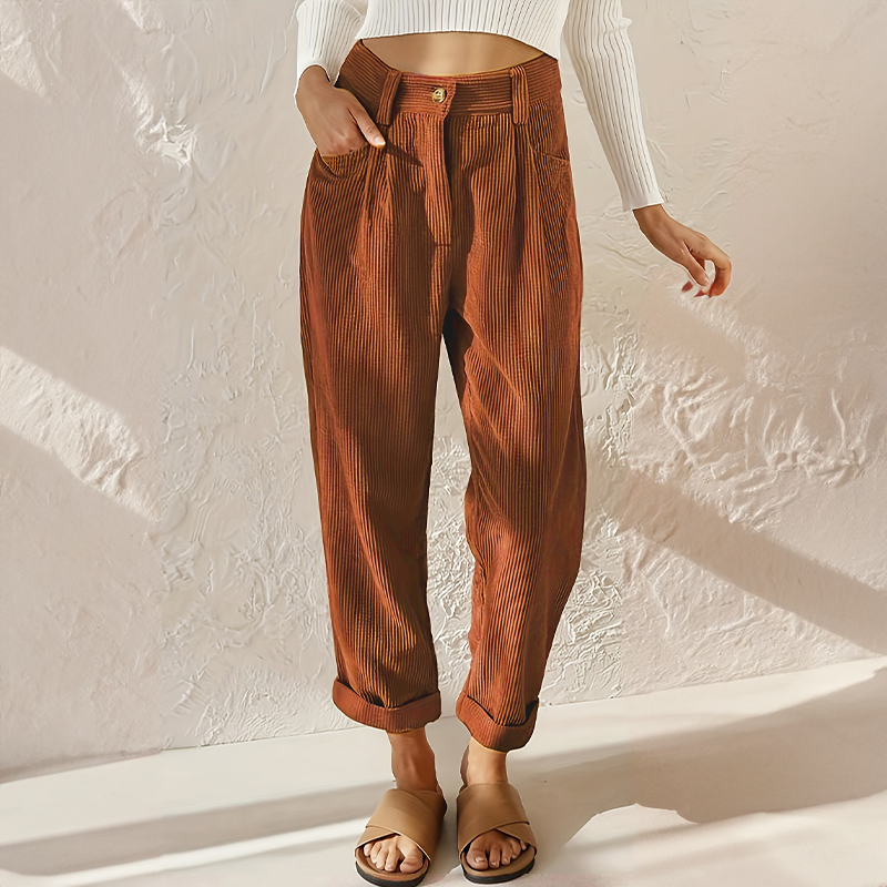 Women's Relaxed Button-Zip Textured Cord Pants